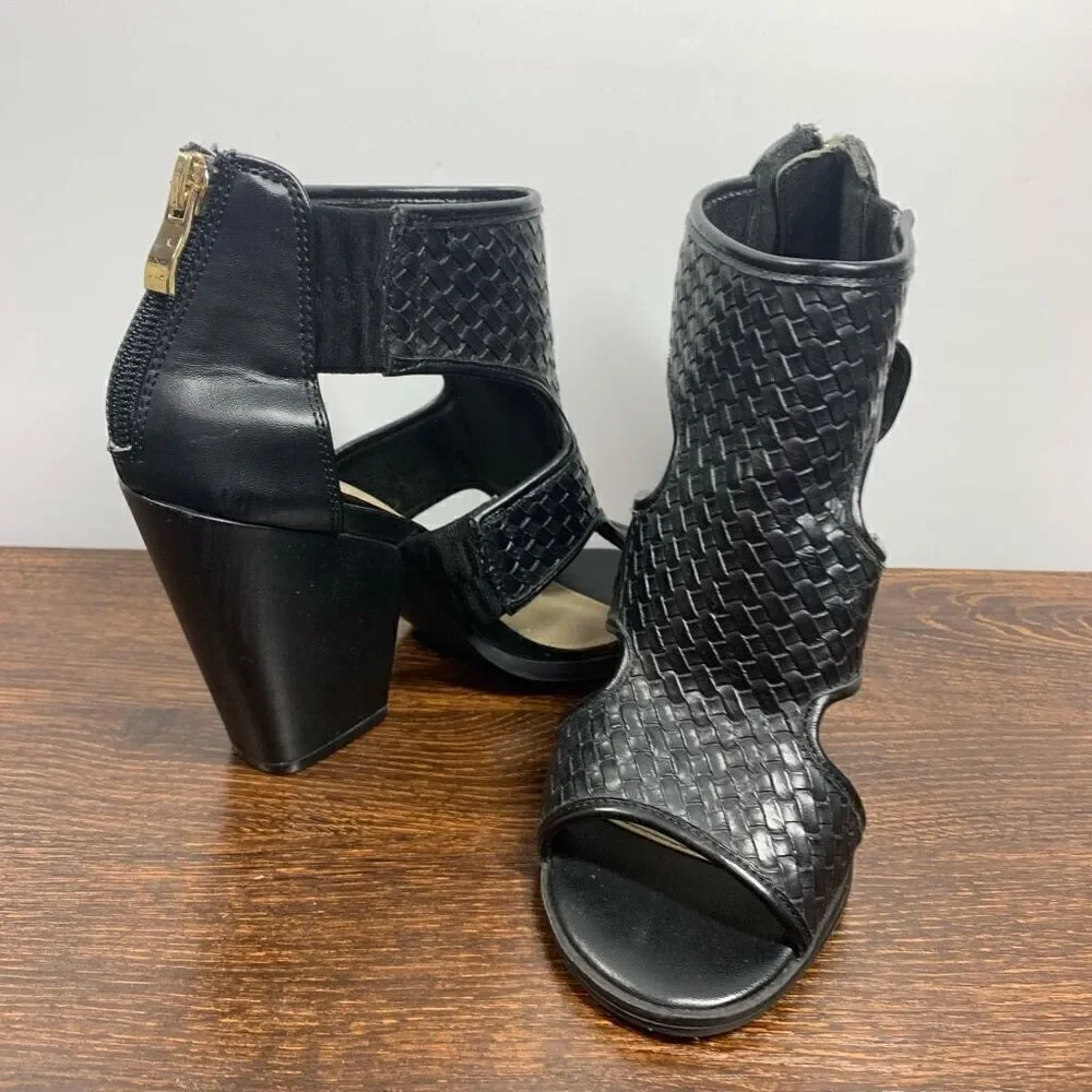 C est 1946 Women's Leather Zip Up Open Toe Ankle Block Heel Boots Black Size 6